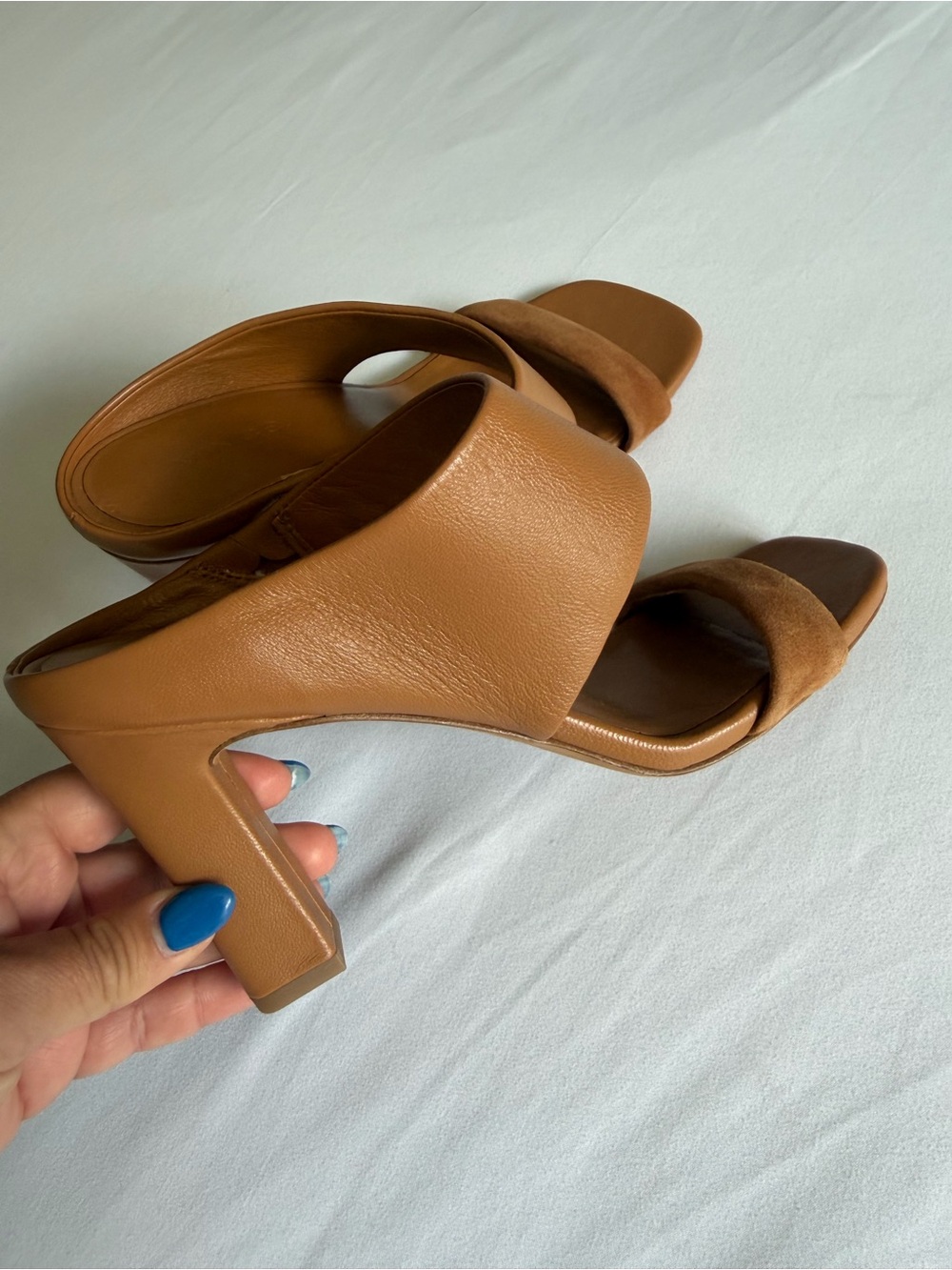Vince "Quinn" Brown Tan Suede Leather High Block Heel Mule Sandals - Picture 6 of 15